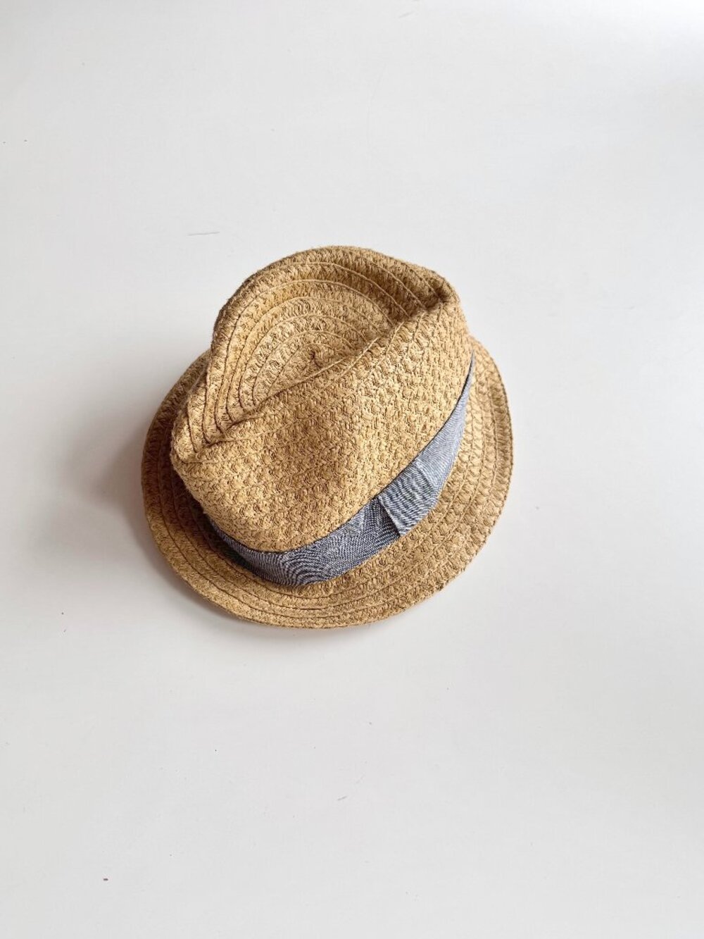 COLE HAAN Straw Weave Chambray Trim Fedora Panama Hat, Size M